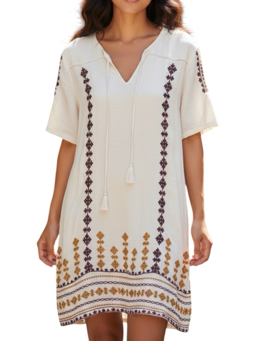 THML Boho Linen Blend Tassel Tie Cream Embroidered Mini Shirt Dress - Picture 1 of 9